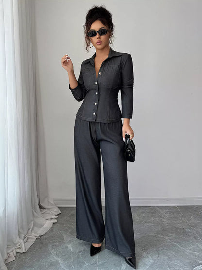 Button-Up Shirt & Wide Leg Pants Set Women's Sets Gray / S The Nichole Collection