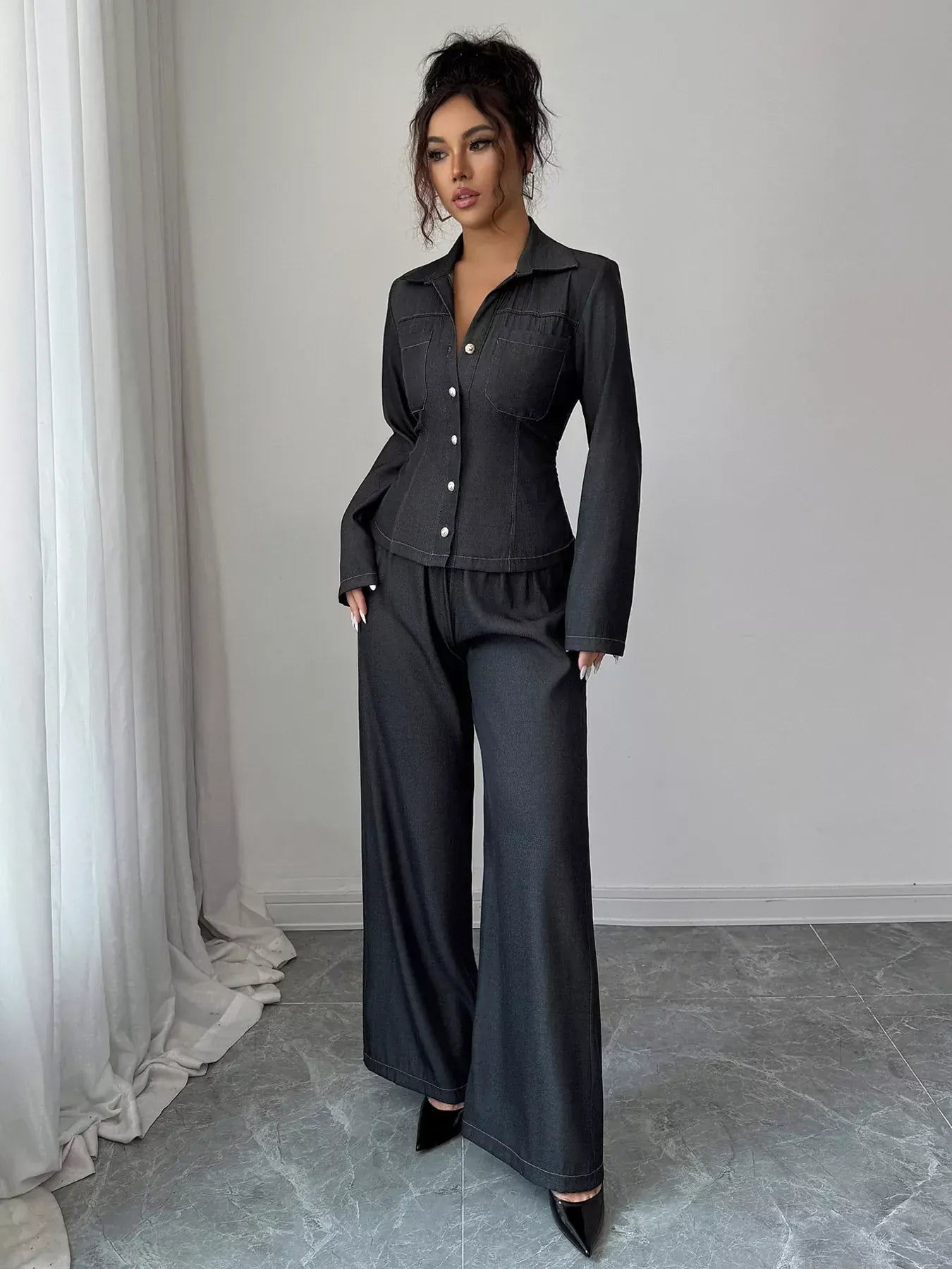 Button-Up Shirt & Wide Leg Pants Set Women's Sets The Nichole Collection