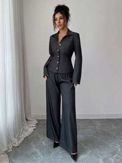 Button-Up Shirt & Wide Leg Pants Set Women's Sets The Nichole Collection