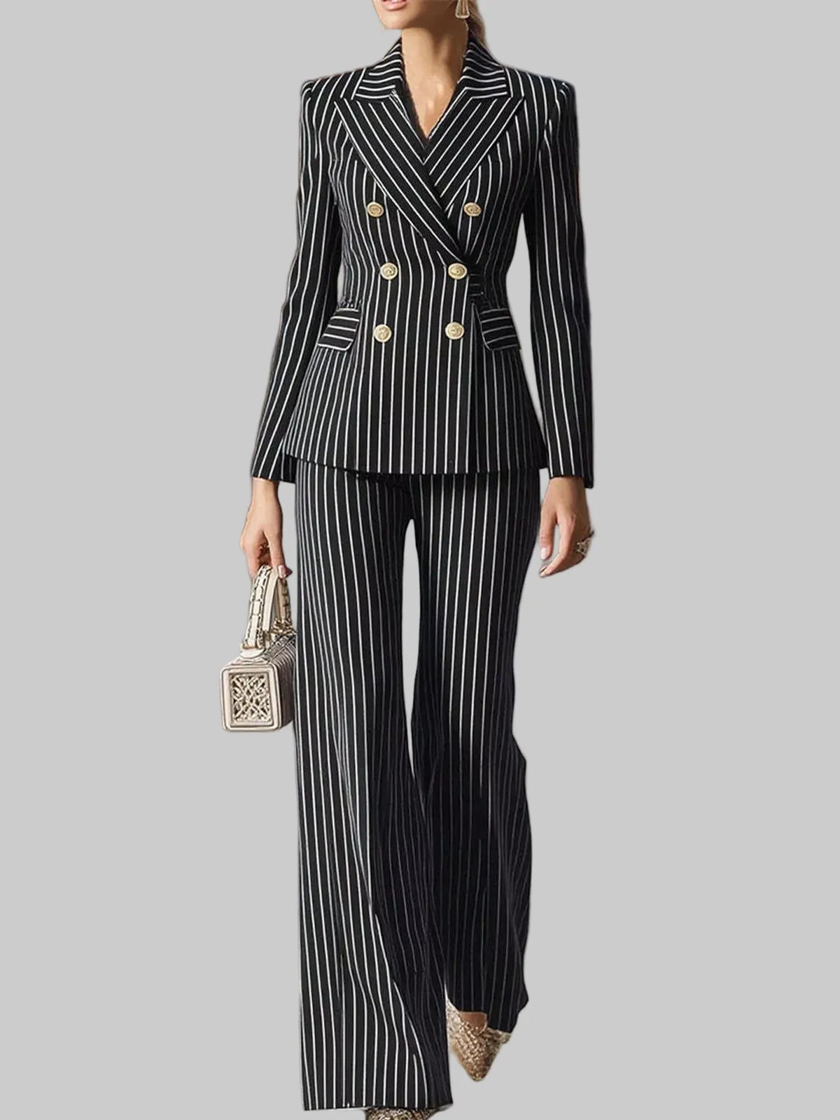 Double-Breasted Pinstripe Blazer and Wide-Leg Pants Set The Nicole Collection