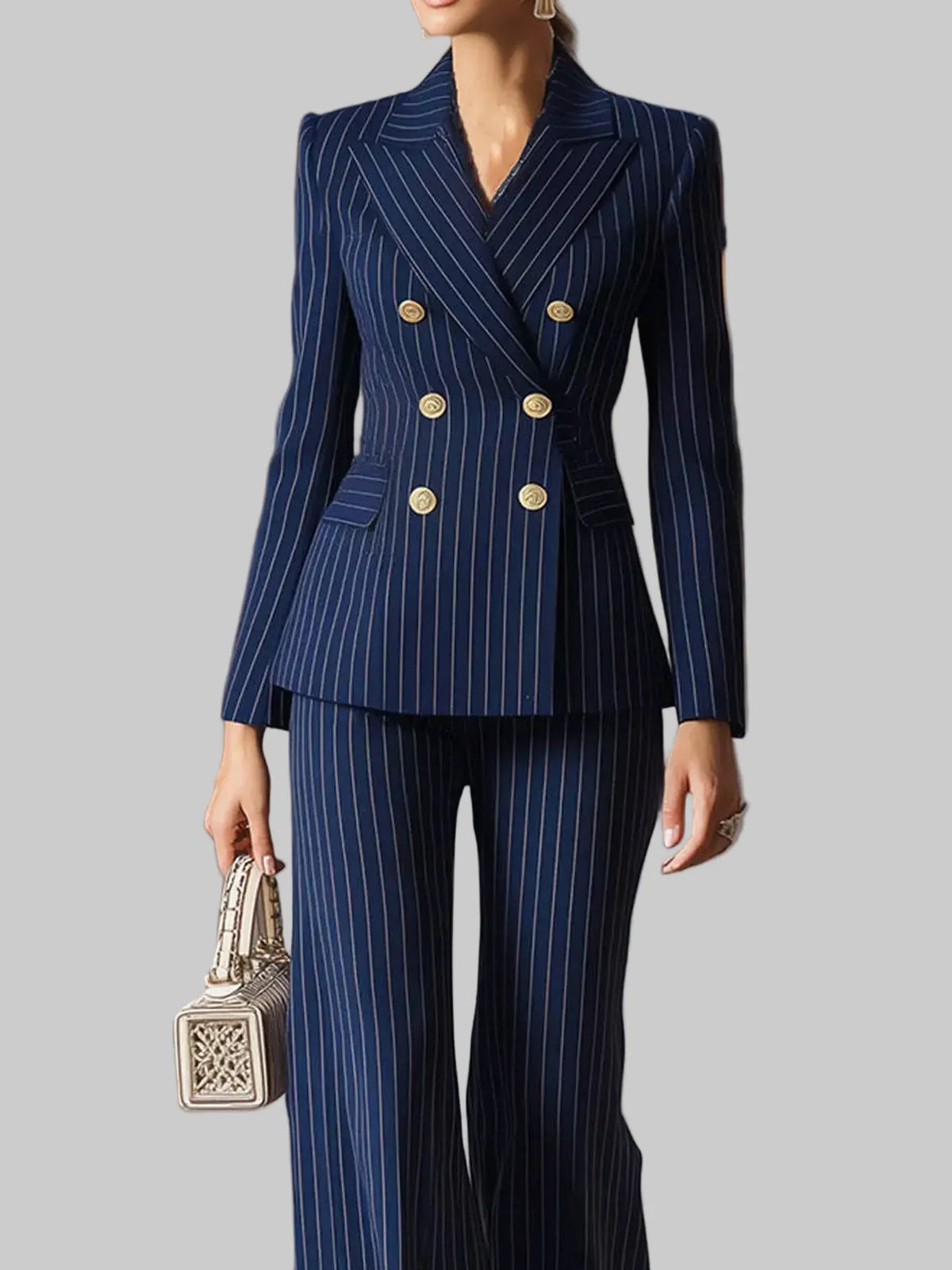 Double-Breasted Pinstripe Blazer and Wide-Leg Pants Set The Nicole Collection
