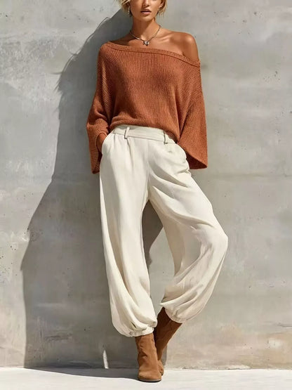 ONE-SHOULDER KNIT TOP & HIGH-WAIST PANTS SET The Nichole Collection - Official Site