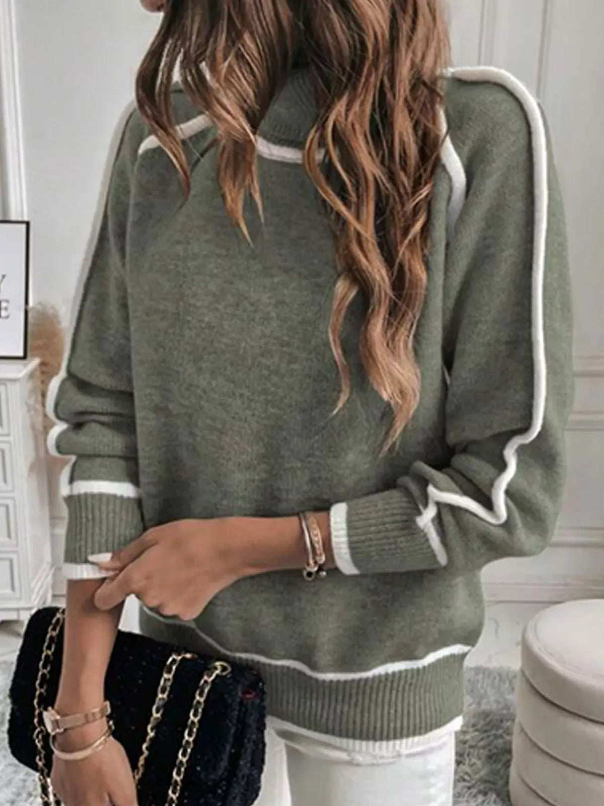 Contrast-Stitch Ribbed-Hem Turtleneck Sweater The Nichole Collection - Official Site