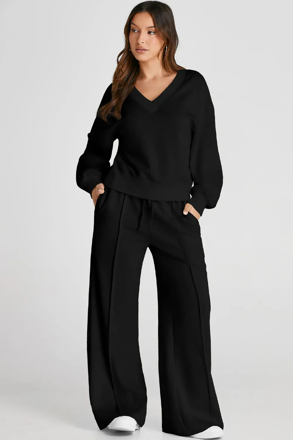 V-Neck Long-Sleeve Top and Pants Active Set - Black / S