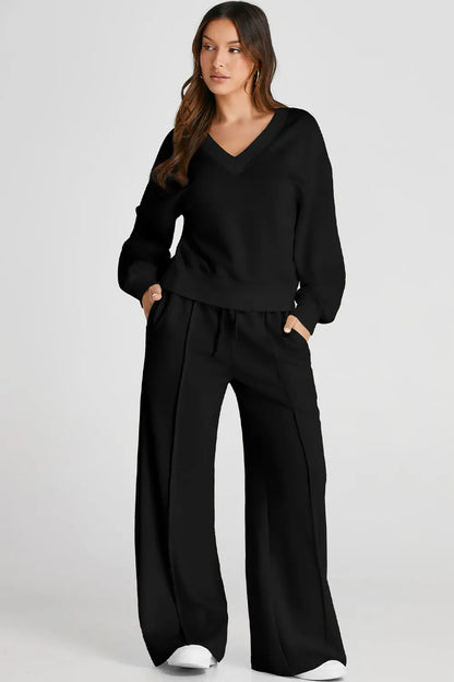 V-Neck Long-Sleeve Top and Pants Active Set - Black / S