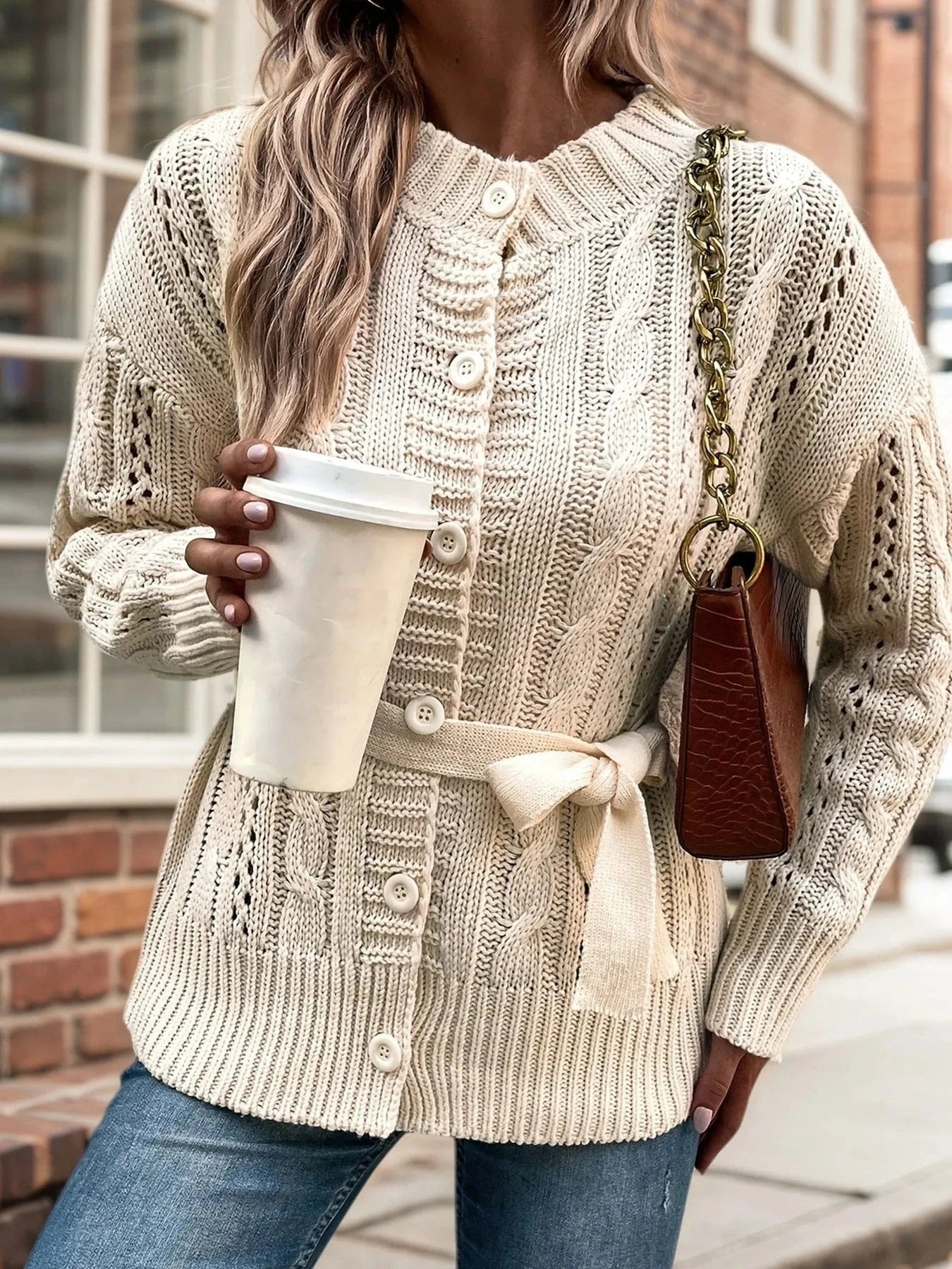 Cable Knit Belted Cardigan with Button Front Cardigan The Nichole Collection