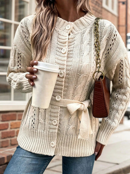 Cable Knit Belted Cardigan with Button Front Cardigan The Nichole Collection