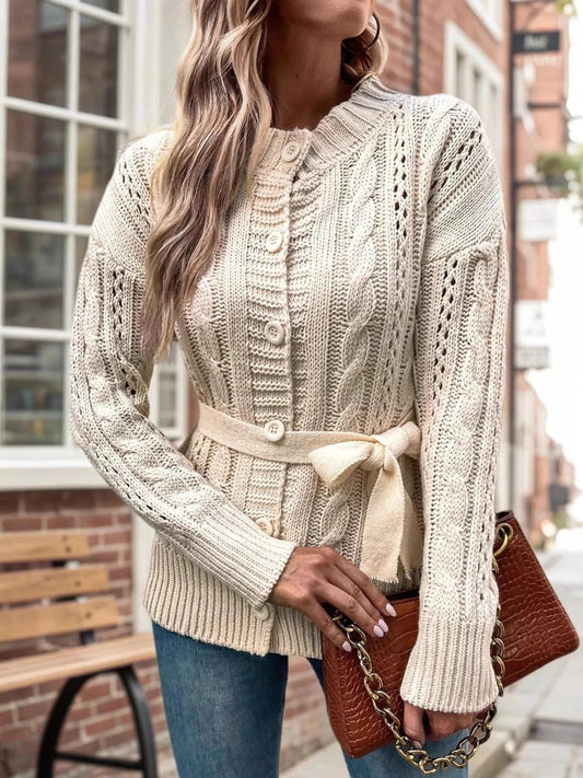 Cable Knit Belted Cardigan with Button Front Cardigan Beige / S The Nichole Collection
