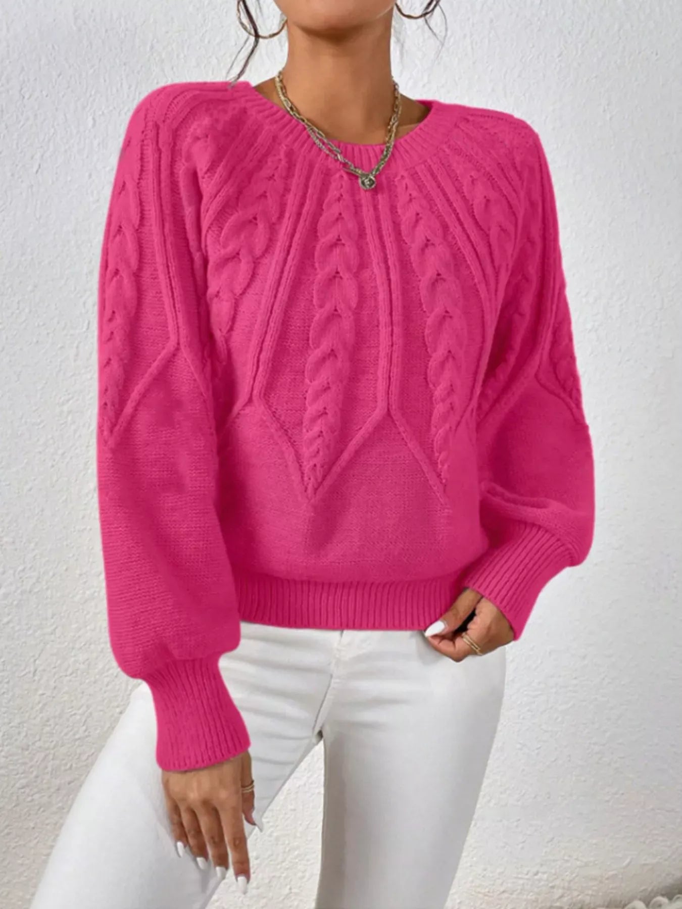 Cable Knit Long Sleeve Sweater Sweaters Rose Red / S The Nichole Collection