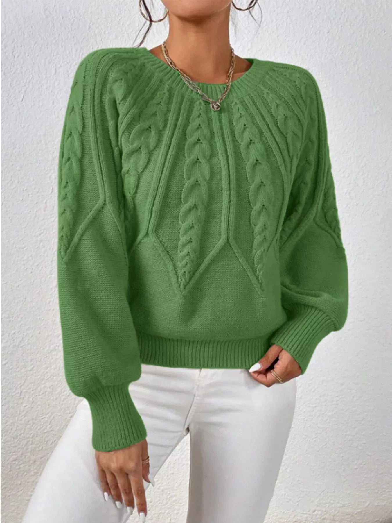 Cable Knit Long Sleeve Sweater Sweaters Olive Green / S The Nichole Collection