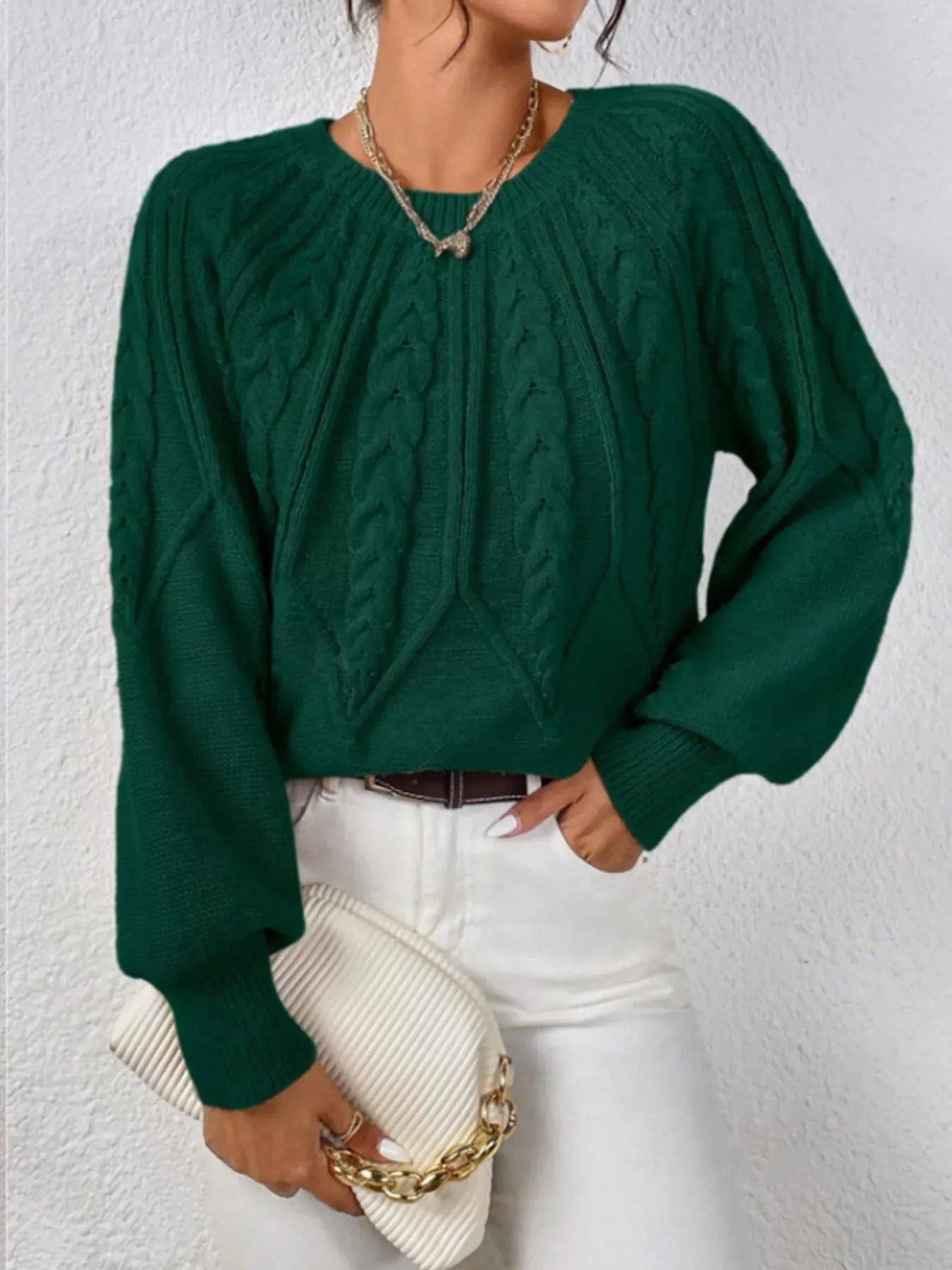 Cable Knit Long Sleeve Sweater Sweaters Dark Green / S The Nichole Collection