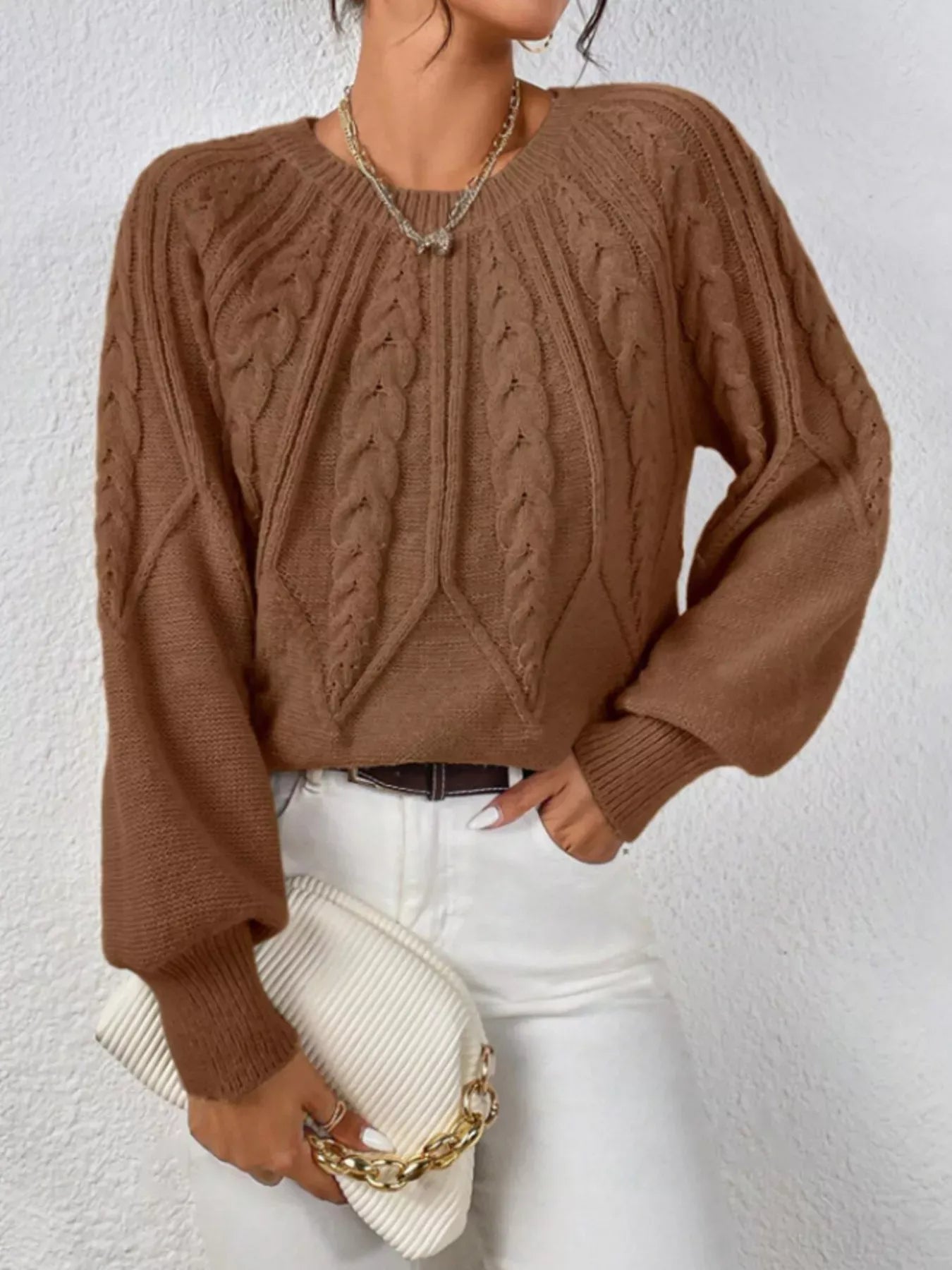 Cable Knit Long Sleeve Sweater Sweaters Brown / S The Nichole Collection