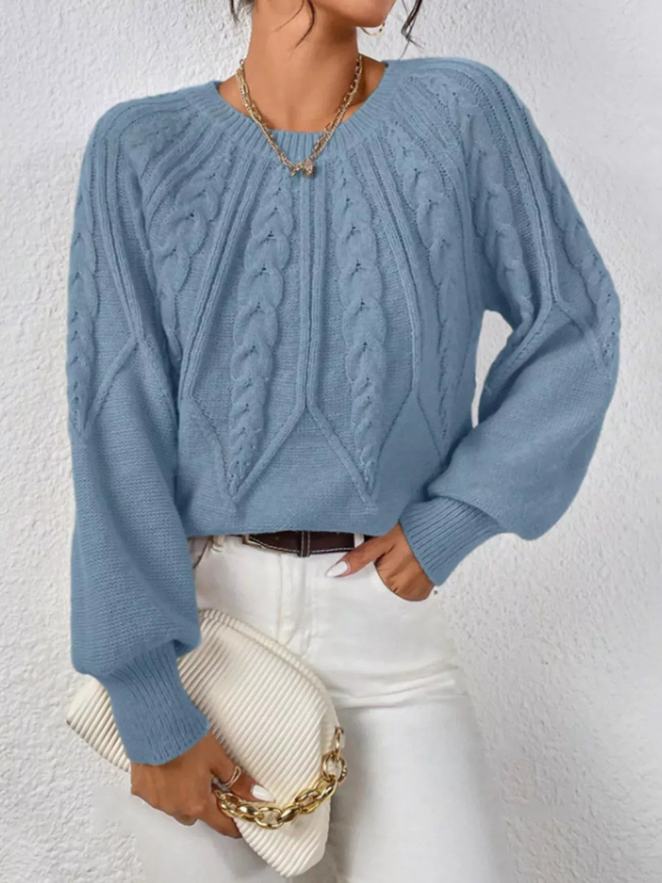 Cable Knit Long Sleeve Sweater Sweaters Light Blue / S The Nichole Collection