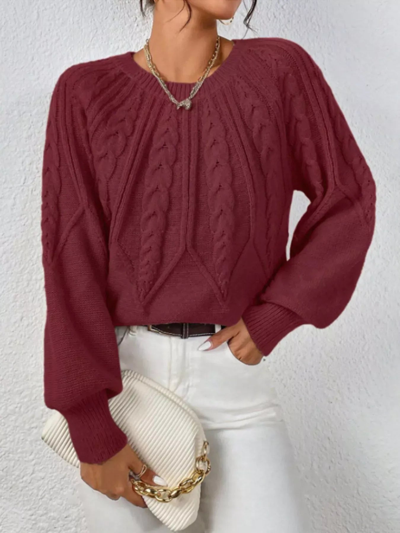Cable Knit Long Sleeve Sweater Sweaters Deep Red / S The Nichole Collection