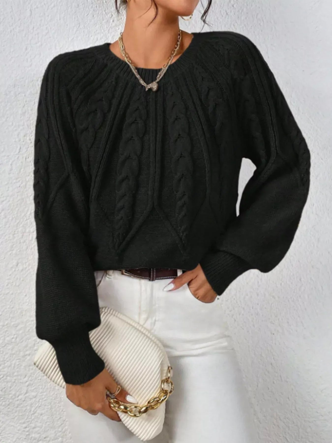 Cable Knit Long Sleeve Sweater Sweaters Black / S The Nichole Collection