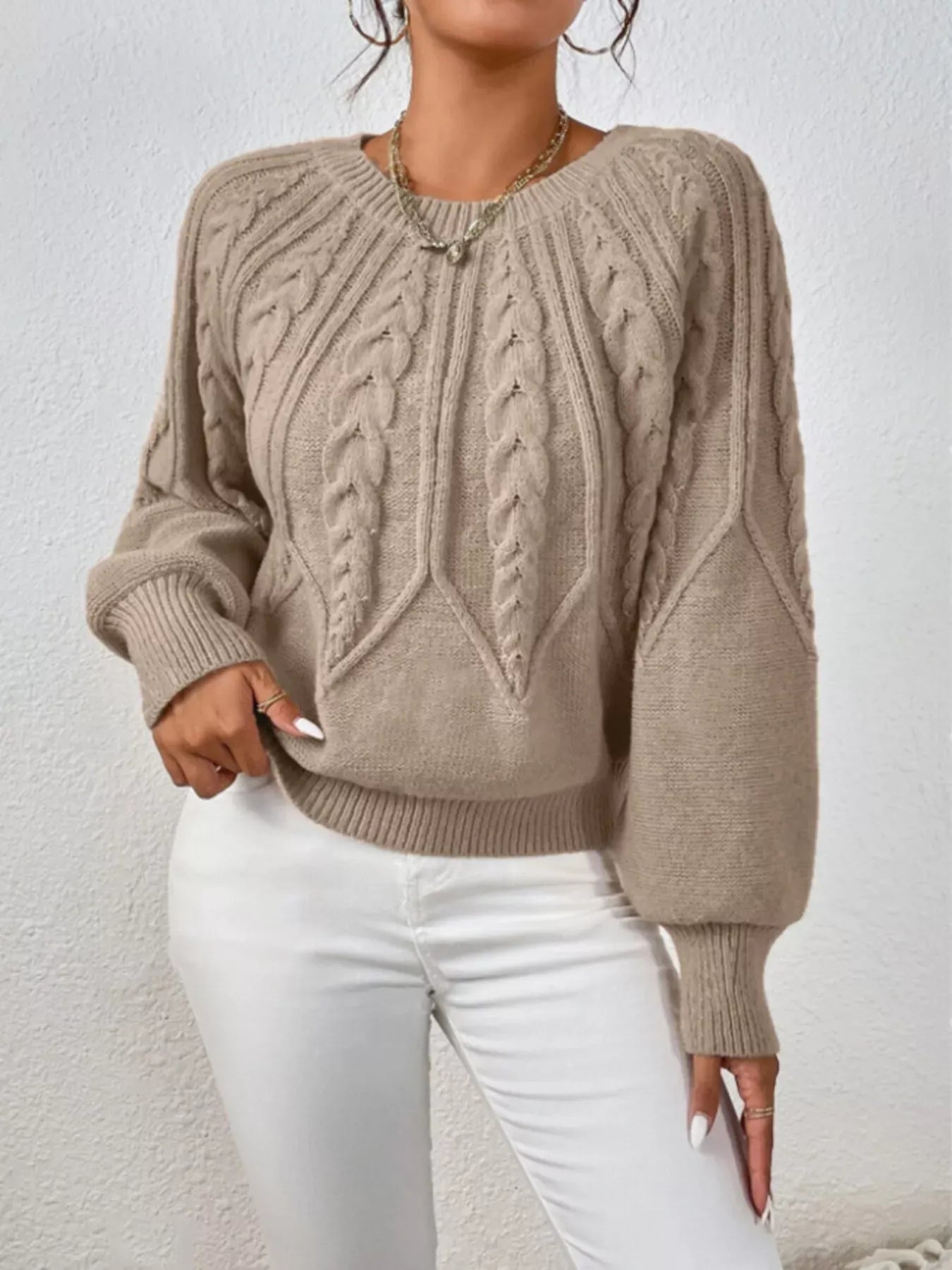 Cable Knit Long Sleeve Sweater Sweaters Khaki / S The Nichole Collection