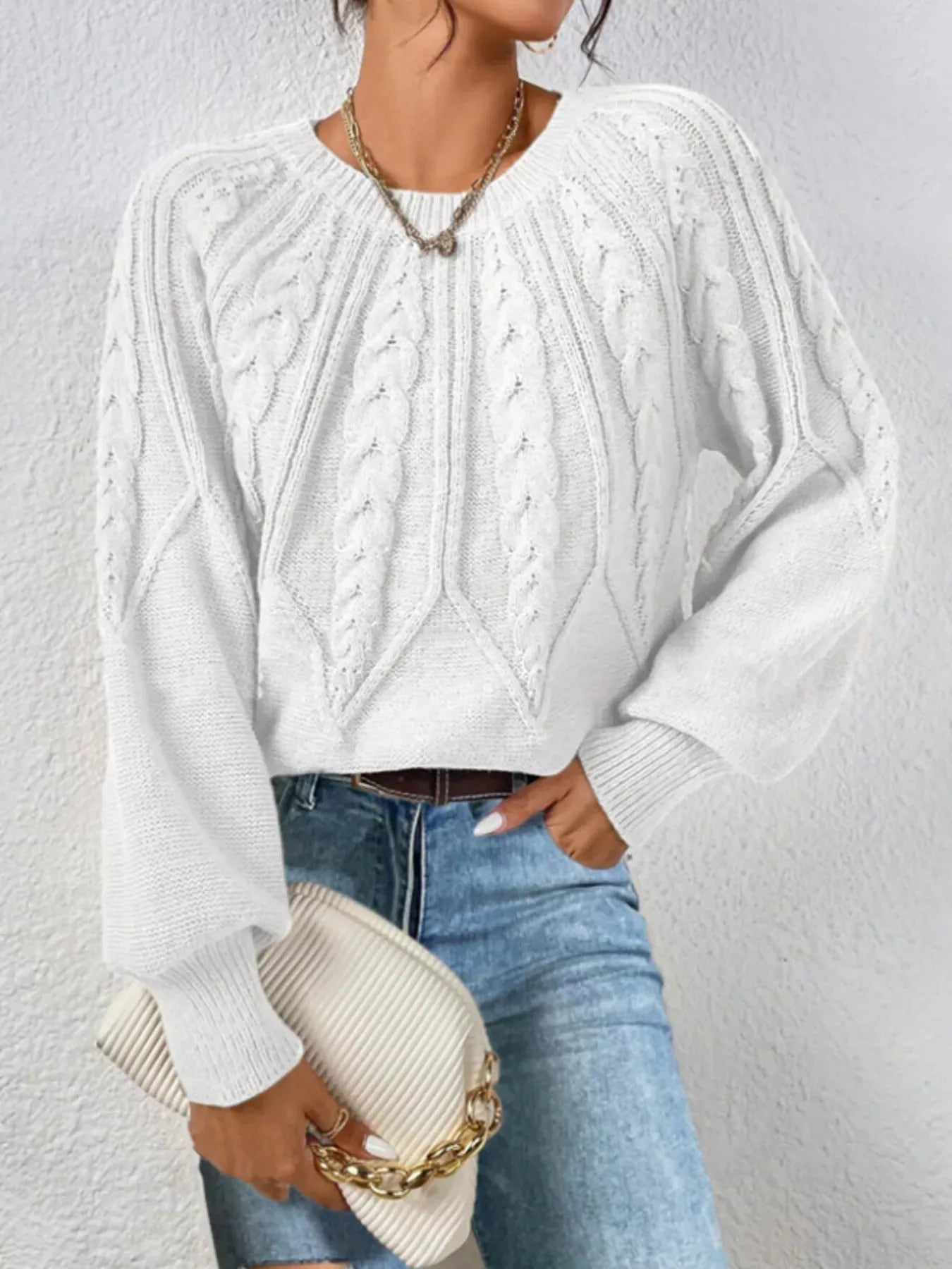 Cable Knit Long Sleeve Sweater Sweaters White / S The Nichole Collection