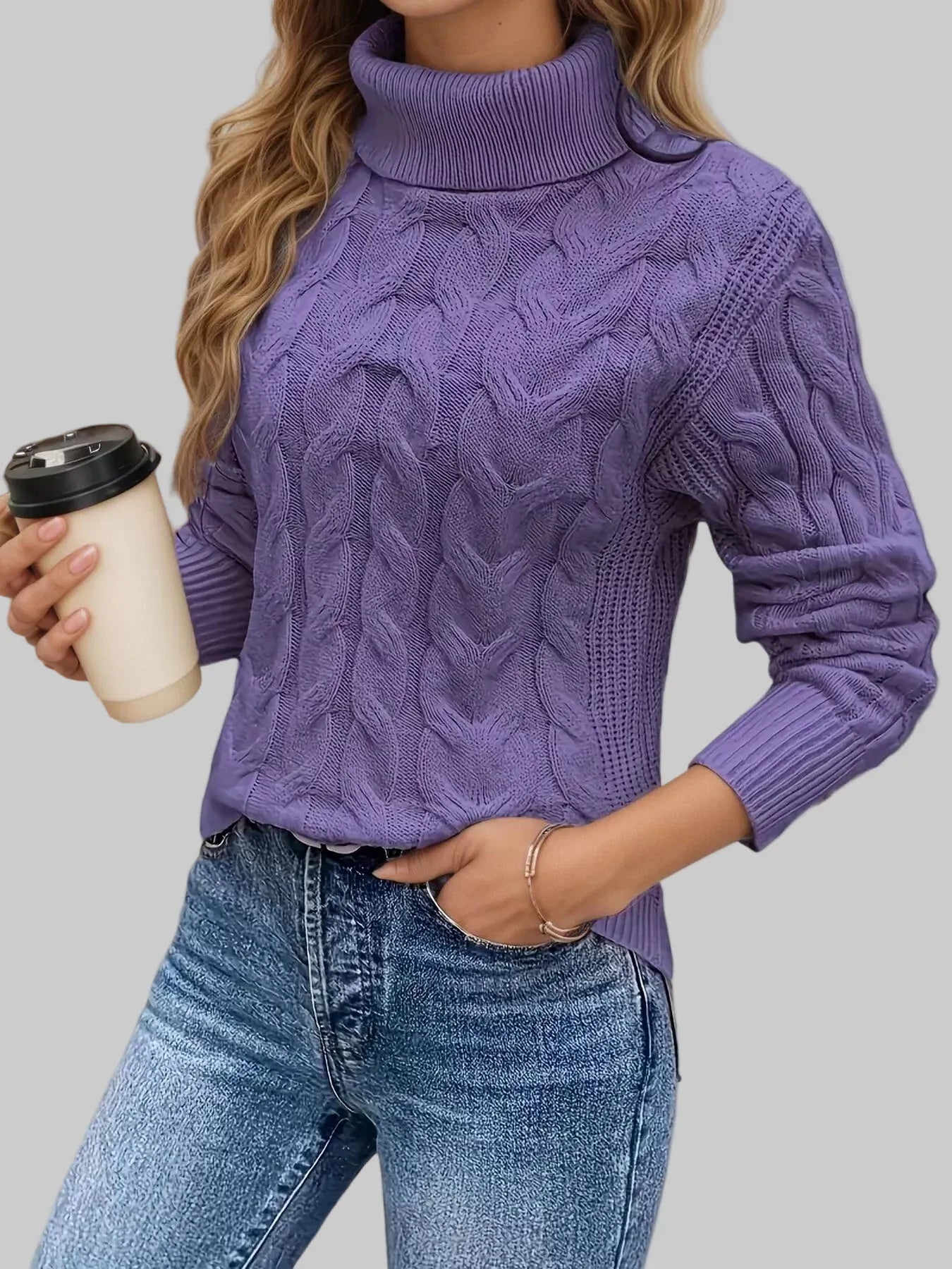 Cable Knit Turtleneck Long Sleeve Sweater Sweaters Purple / S The Nichole Collection