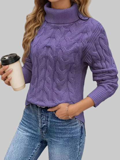 Cable Knit Turtleneck Long Sleeve Sweater Sweaters Purple / S The Nichole Collection