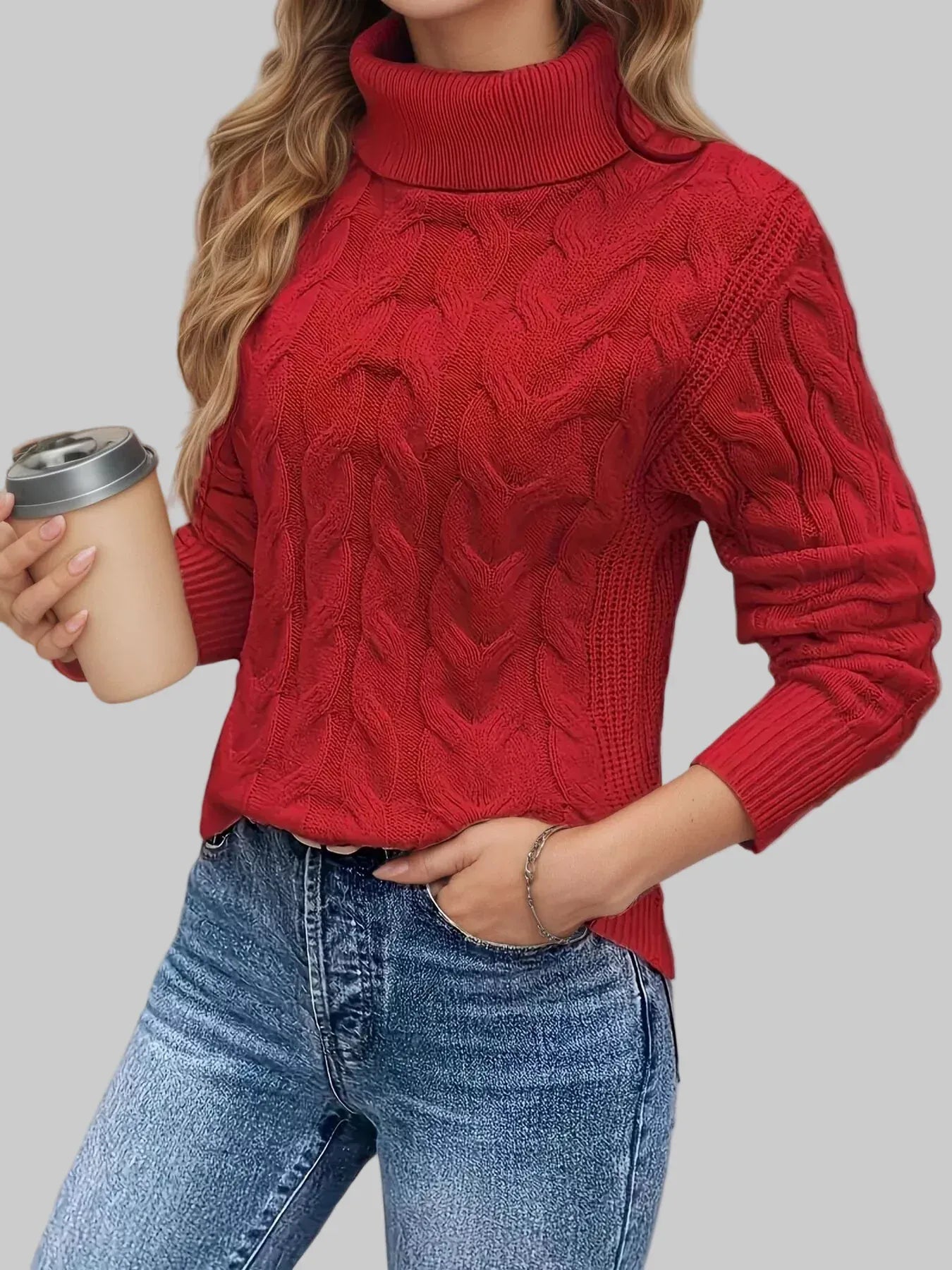 Cable Knit Turtleneck Long Sleeve Sweater Sweaters Red / S The Nichole Collection