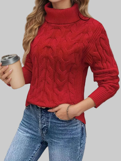 Cable Knit Turtleneck Long Sleeve Sweater Sweaters Red / S The Nichole Collection