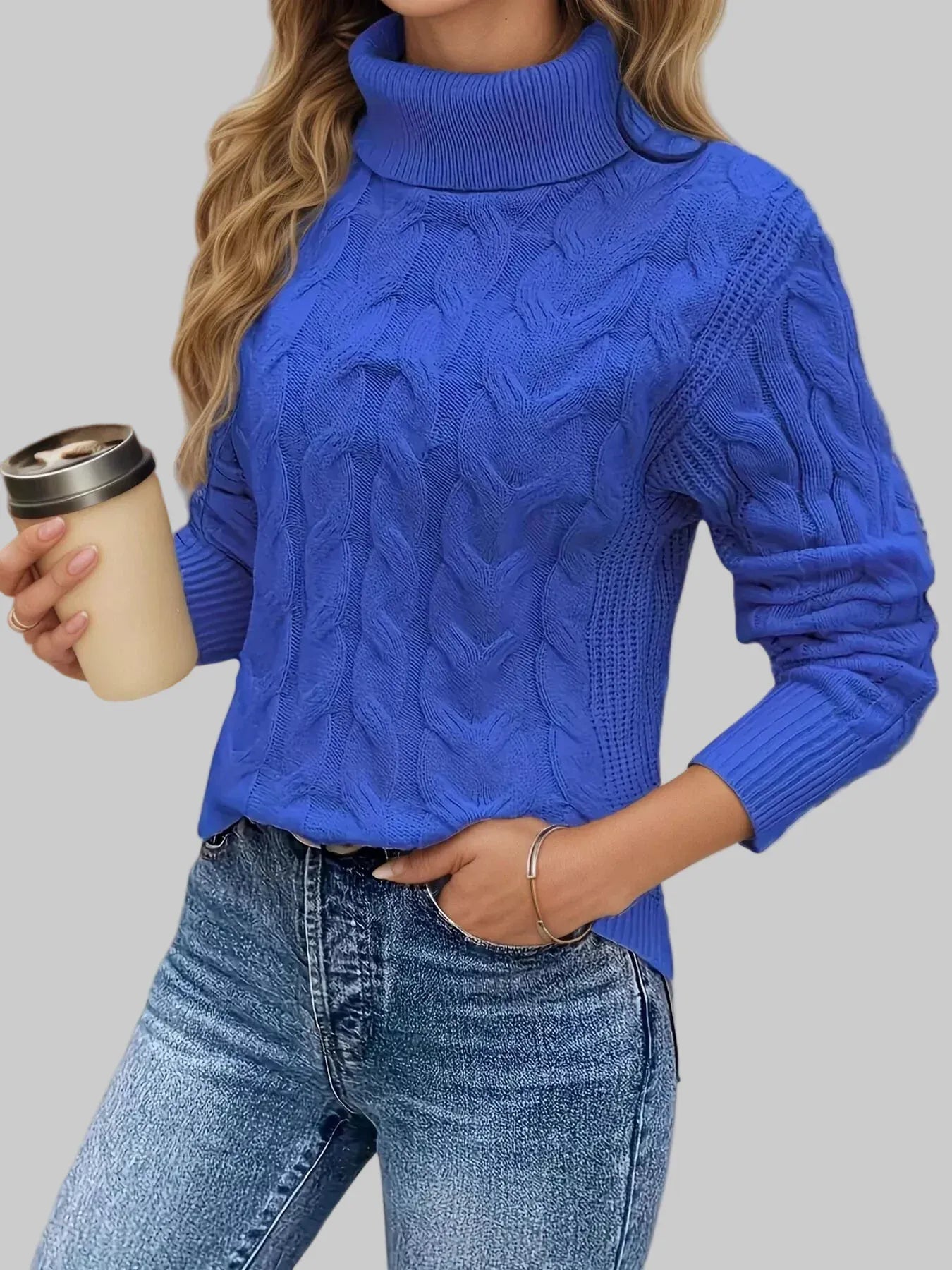 Cable Knit Turtleneck Long Sleeve Sweater Sweaters Royal Blue / S The Nichole Collection