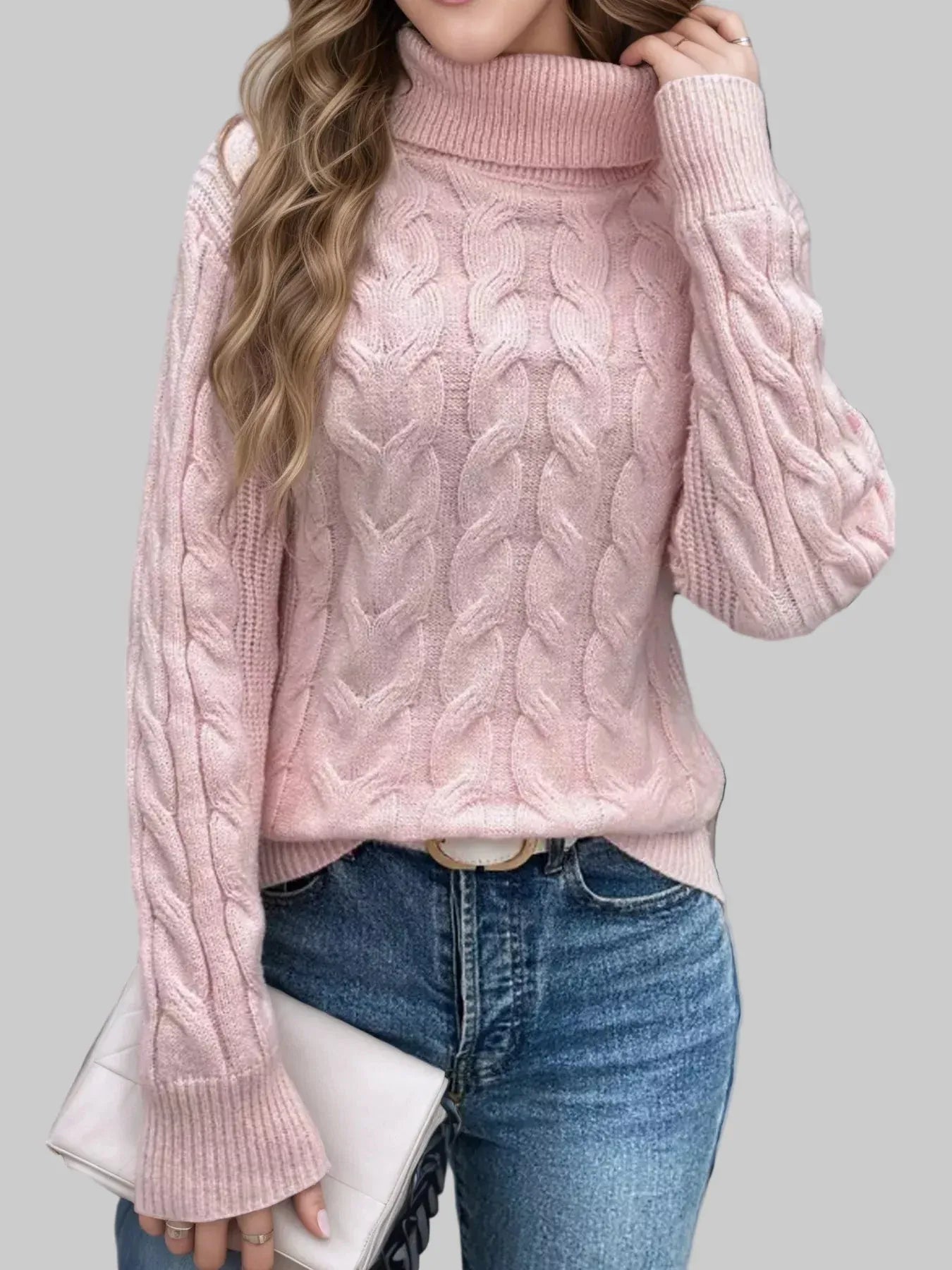 Cable Knit Turtleneck Long Sleeve Sweater Sweaters Pink / S The Nichole Collection