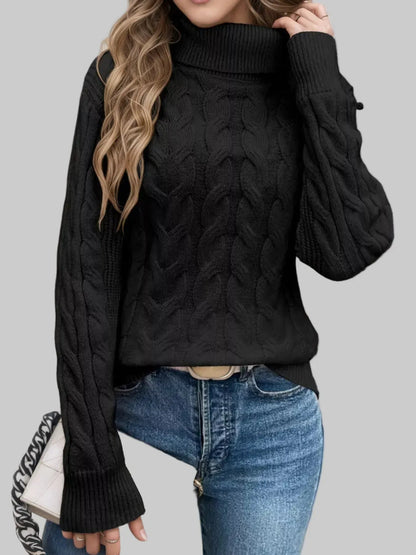 Cable Knit Turtleneck Long Sleeve Sweater Sweaters Black / S The Nichole Collection