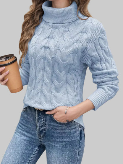 Cable Knit Turtleneck Long Sleeve Sweater Sweaters Sky Blue / S The Nichole Collection