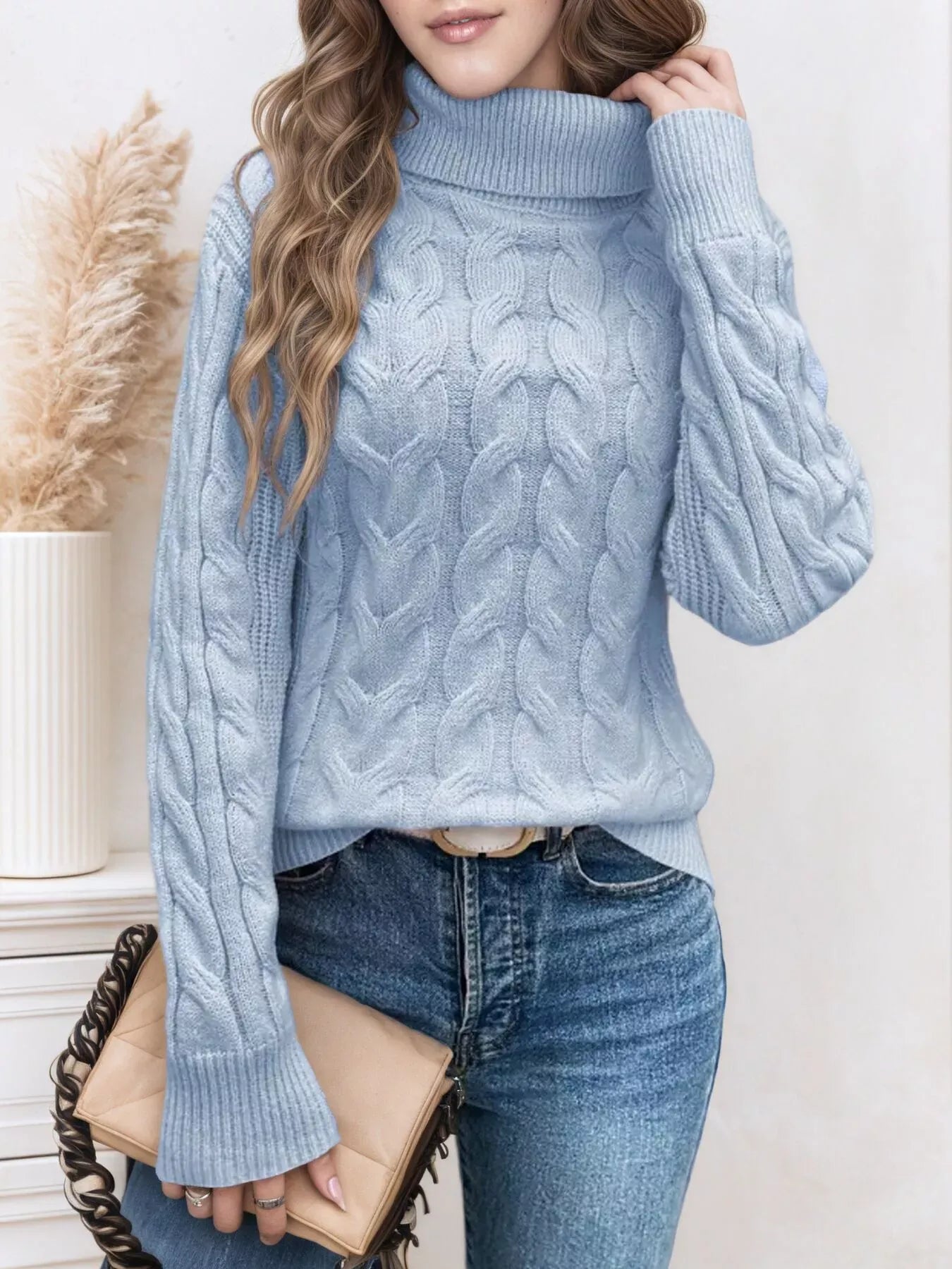 Cable Knit Turtleneck Long Sleeve Sweater Sweaters The Nichole Collection