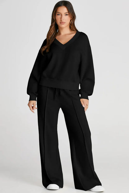 V-Neck Long-Sleeve Top and Pants Active Set - Black / S