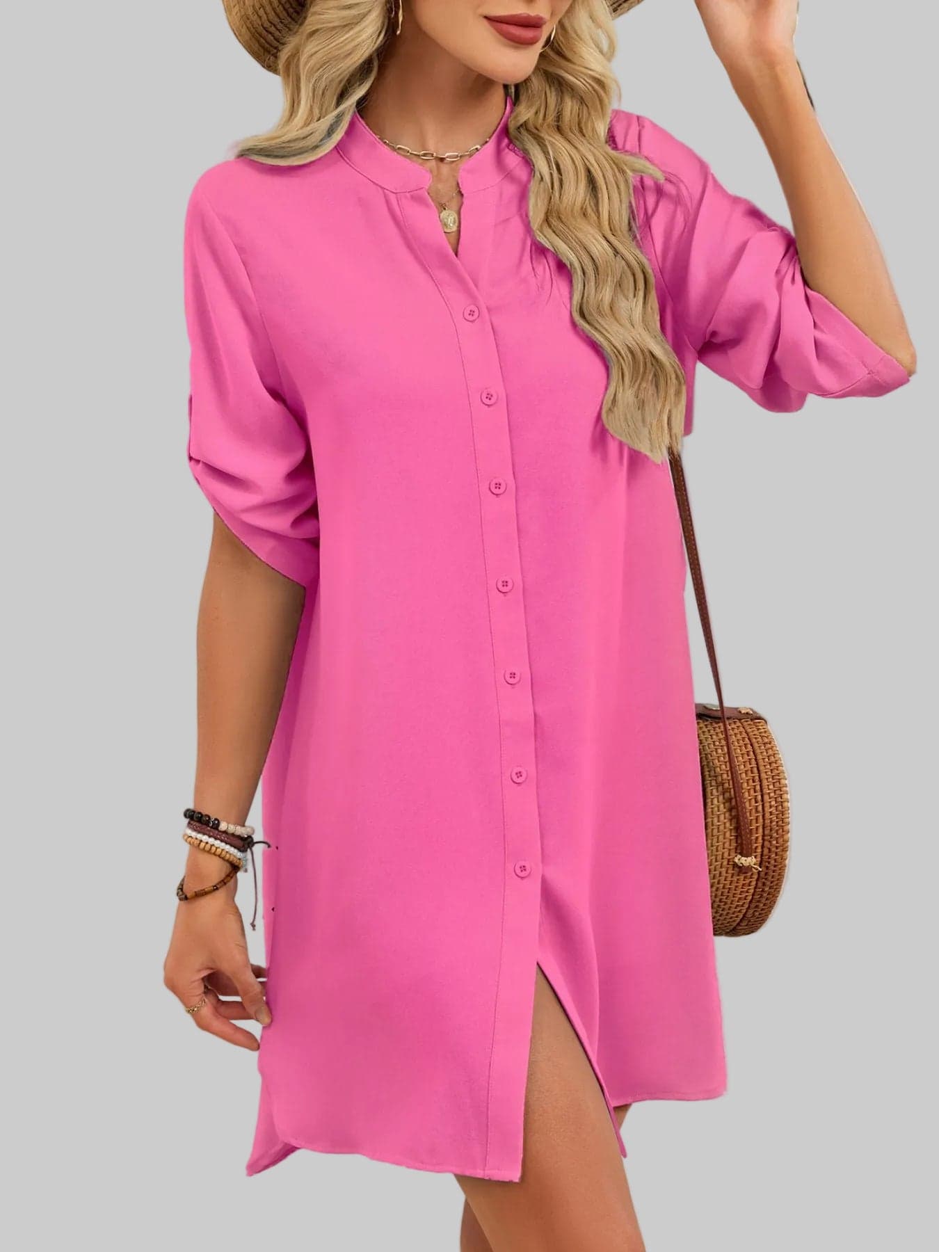 Casual Button-Down Shirt Dress Fuchsia Pink / S The Nichole Collection