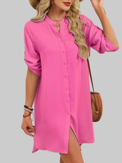 Casual Button-Down Shirt Dress Fuchsia Pink / S The Nichole Collection