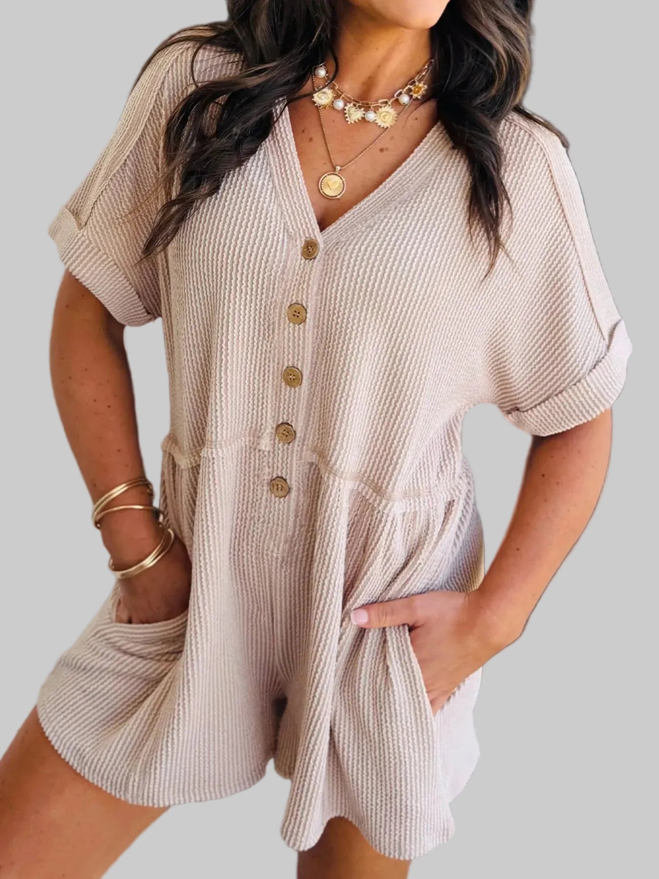 Casual Button-Front Ribbed Romper Beige / S The Nichole Collection