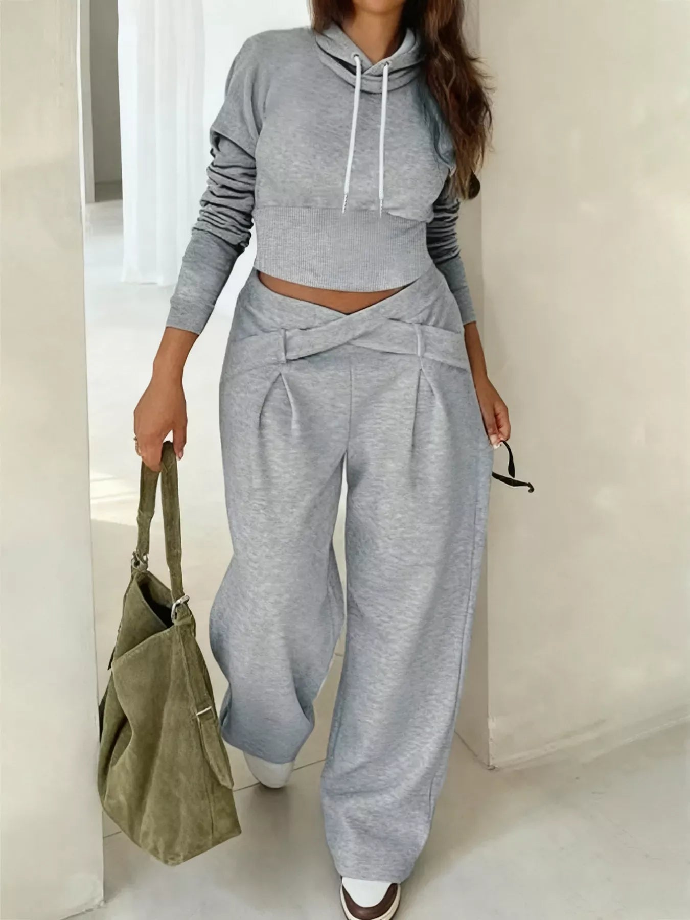 Casual Cropped Hoodie and Wide Leg Pants Set Women's Sets Gray / S The Nichole Collection