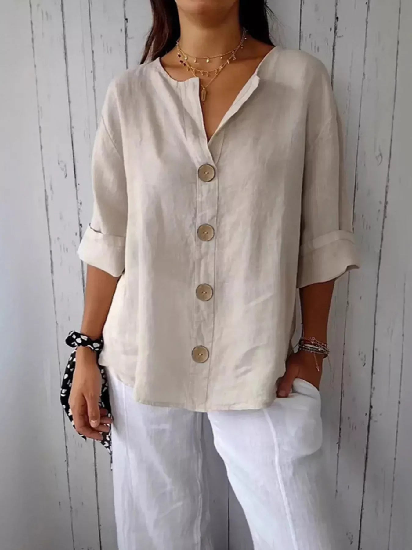 Casual Loose Button-Down Shirt Beige / S The Nichole Collection