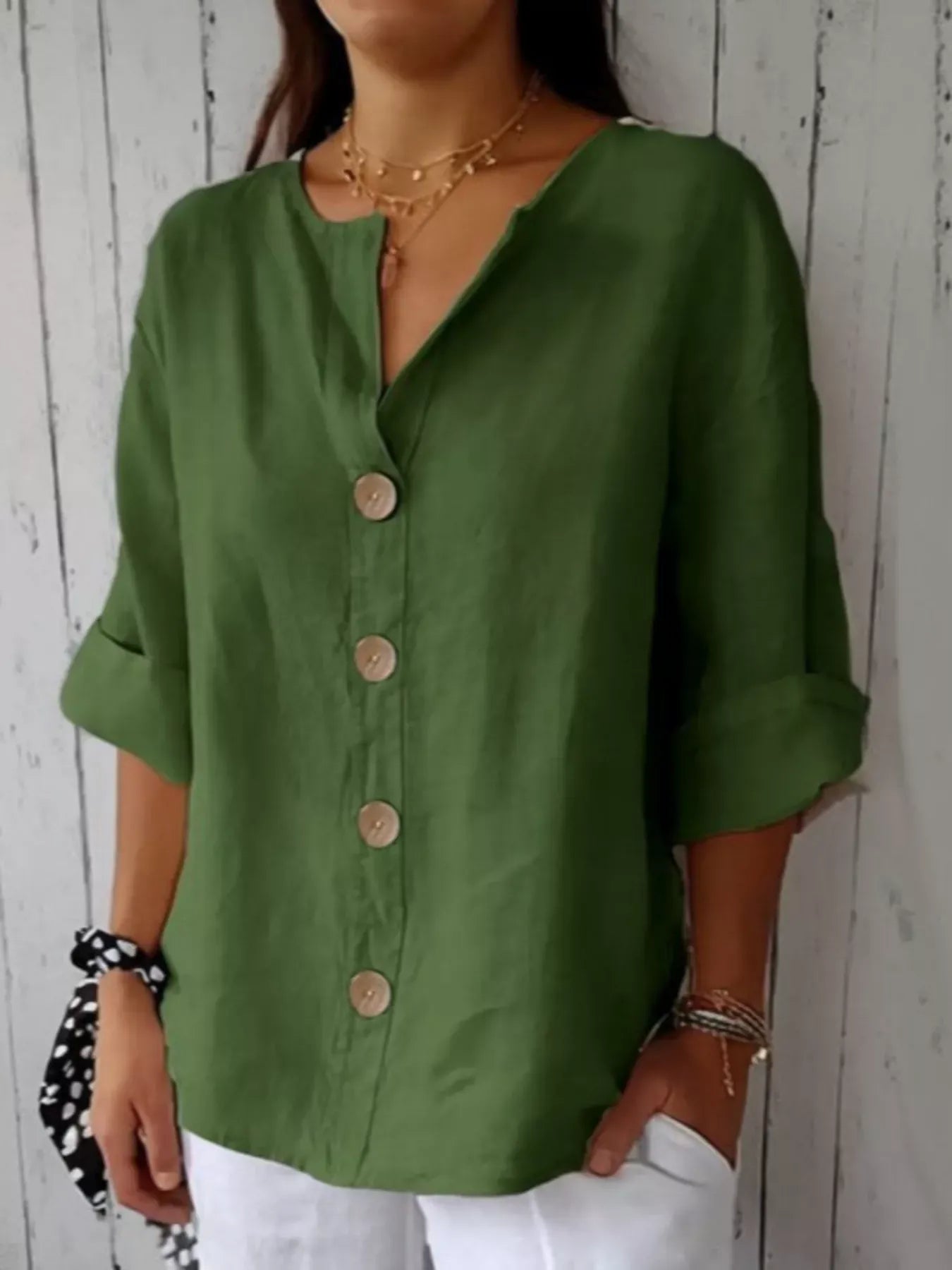 Casual Loose Button-Down Shirt Dark Green / S The Nichole Collection