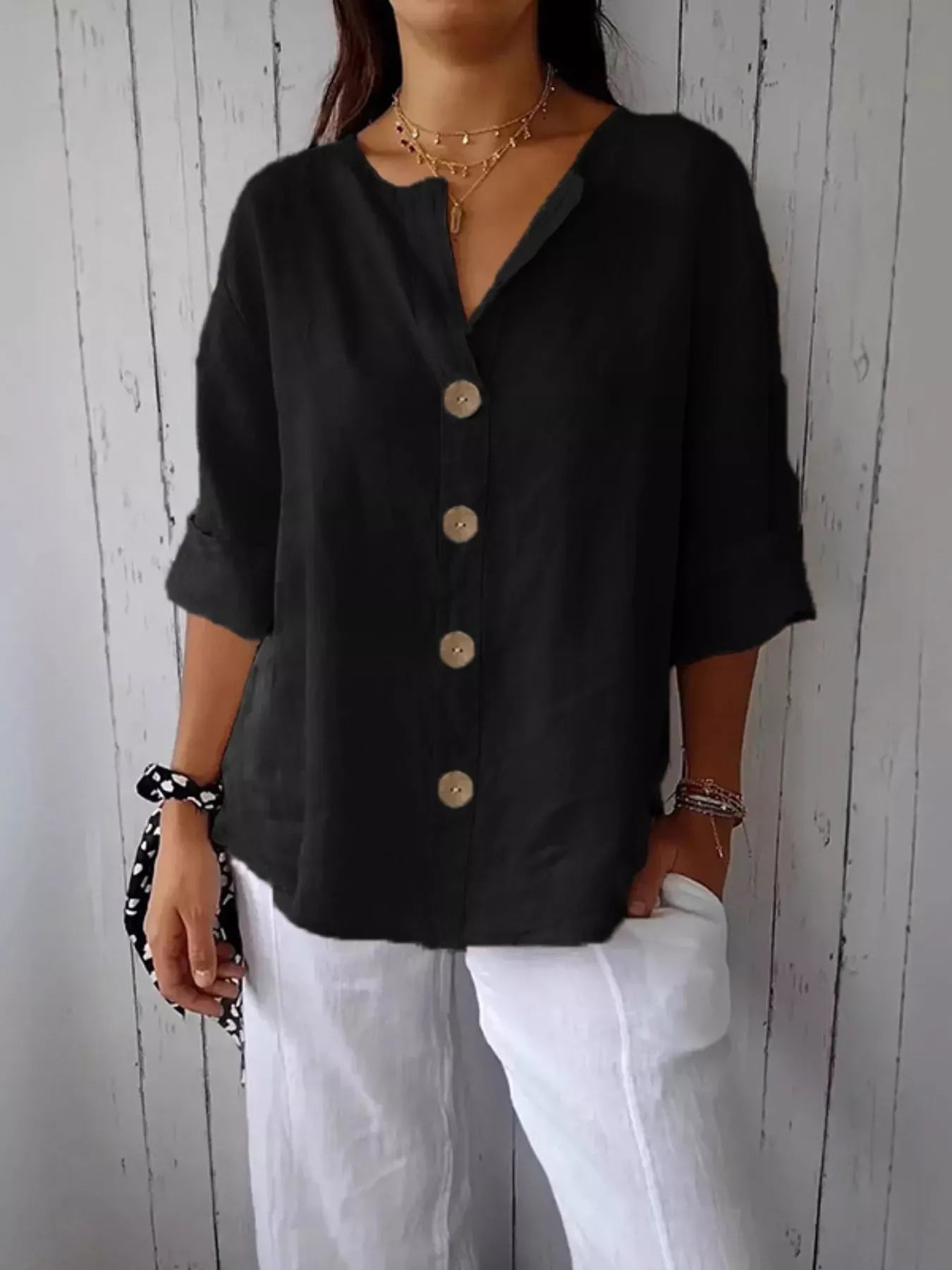 Casual Loose Button-Down Shirt Black / S The Nichole Collection