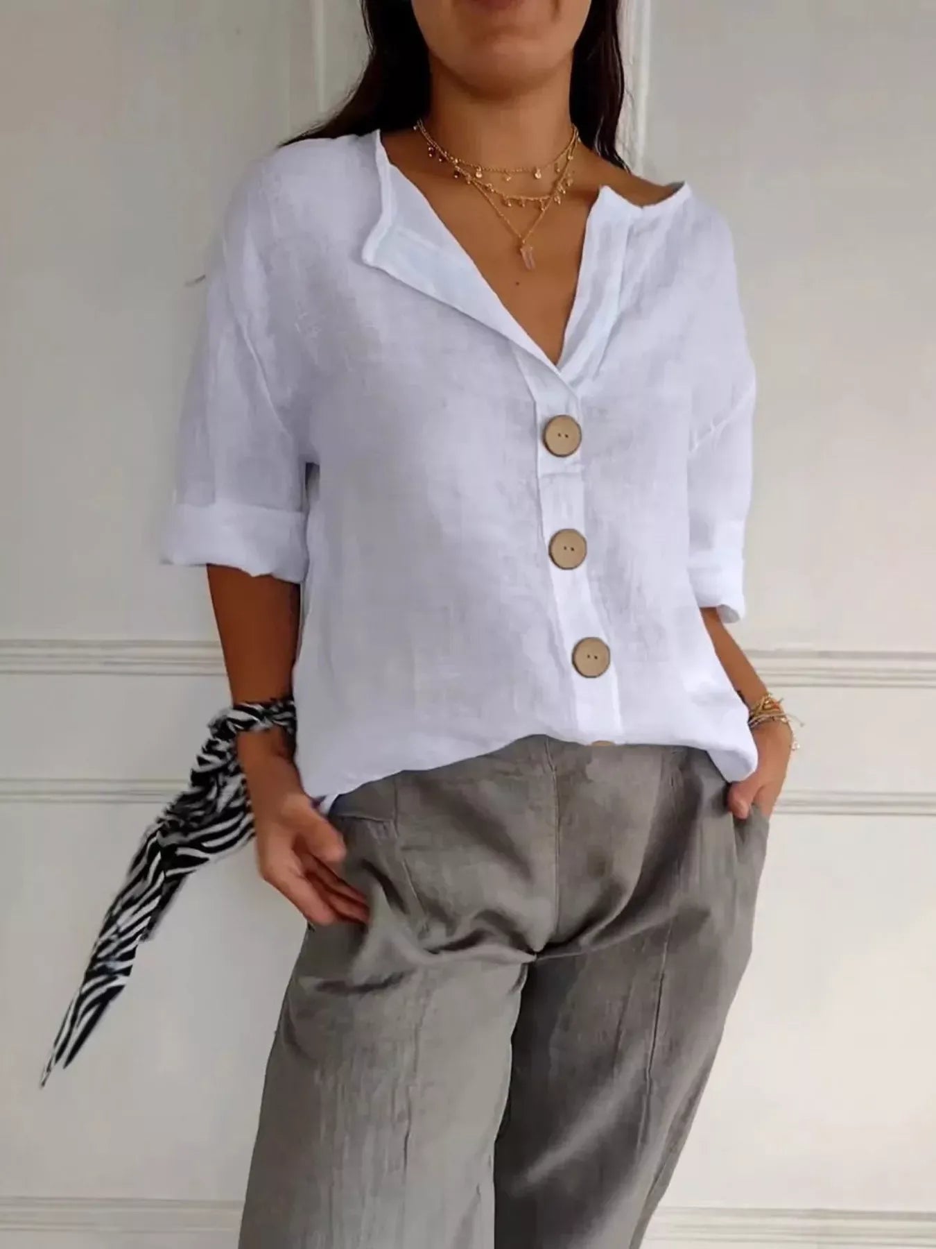 Casual Loose Button-Down Shirt White / S The Nichole Collection