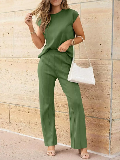 Casual Solid Color Cap Sleeve Top and Pants Knit Set Grass Green / S The Nichole Collection - Official Site