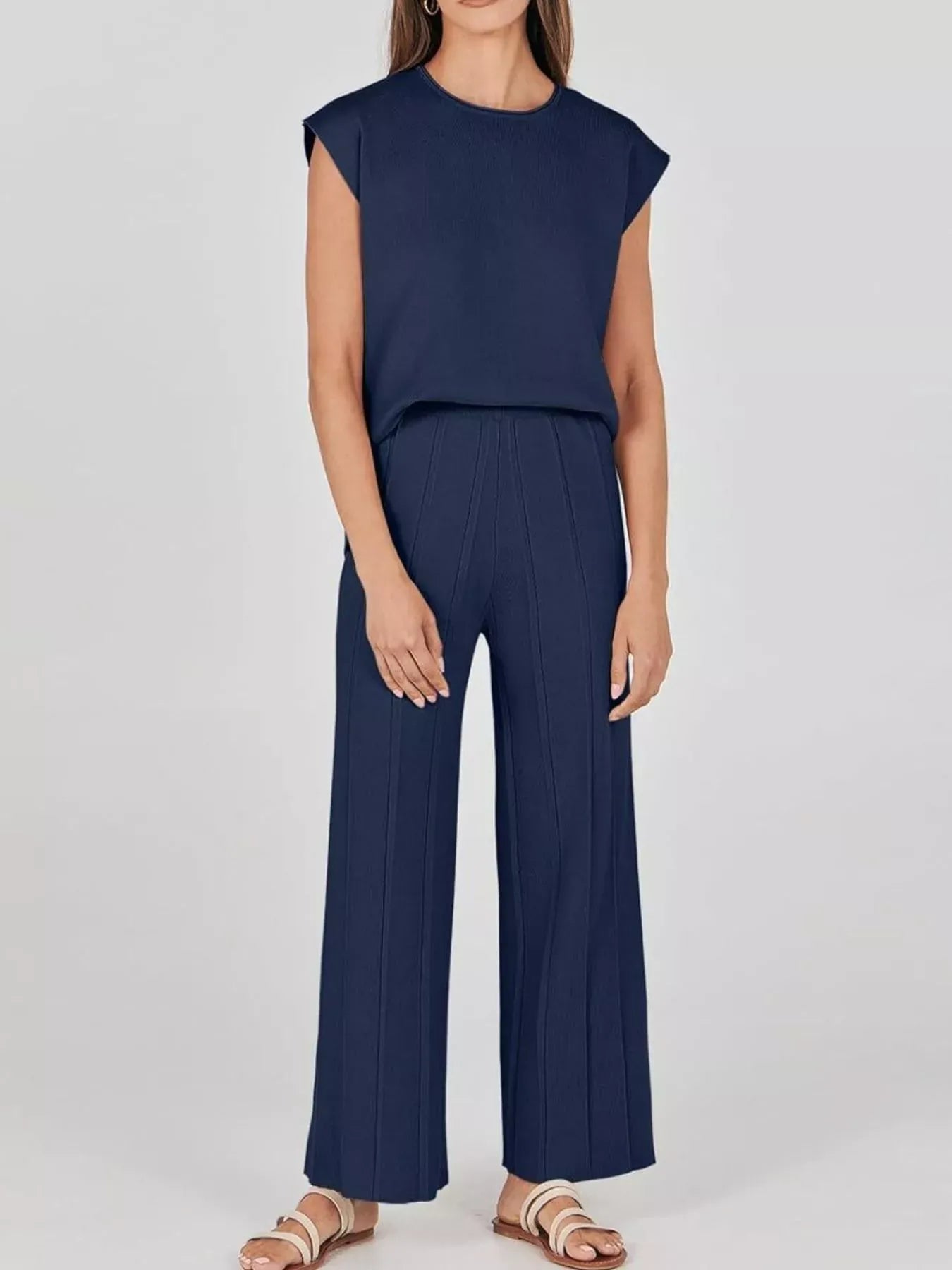 Casual Solid Color Cap Sleeve Top and Pants Knit Set Navy Blue / S The Nichole Collection - Official Site