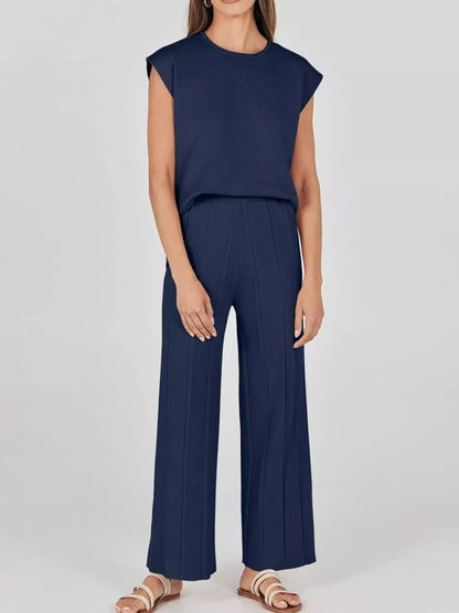 Casual Solid Color Cap Sleeve Top and Pants Knit Set Navy Blue / S The Nichole Collection - Official Site