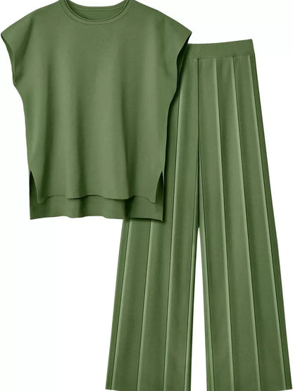 Casual Solid Color Cap Sleeve Top and Pants Knit Set The Nichole Collection - Official Site