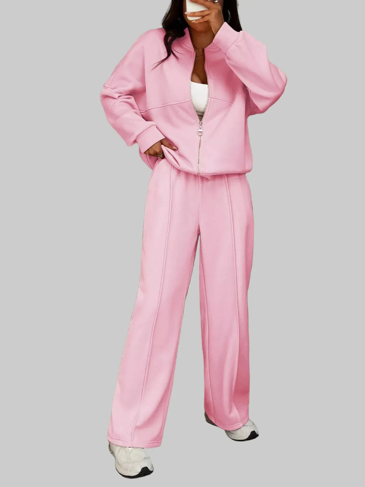 Casual Zipper Front Top and Wide Leg Pants Set Women's Sets Blush Pink / S The Nichole Collection