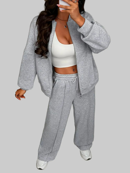 Casual Zipper Front Top and Wide Leg Pants Set Women's Sets The Nichole Collection