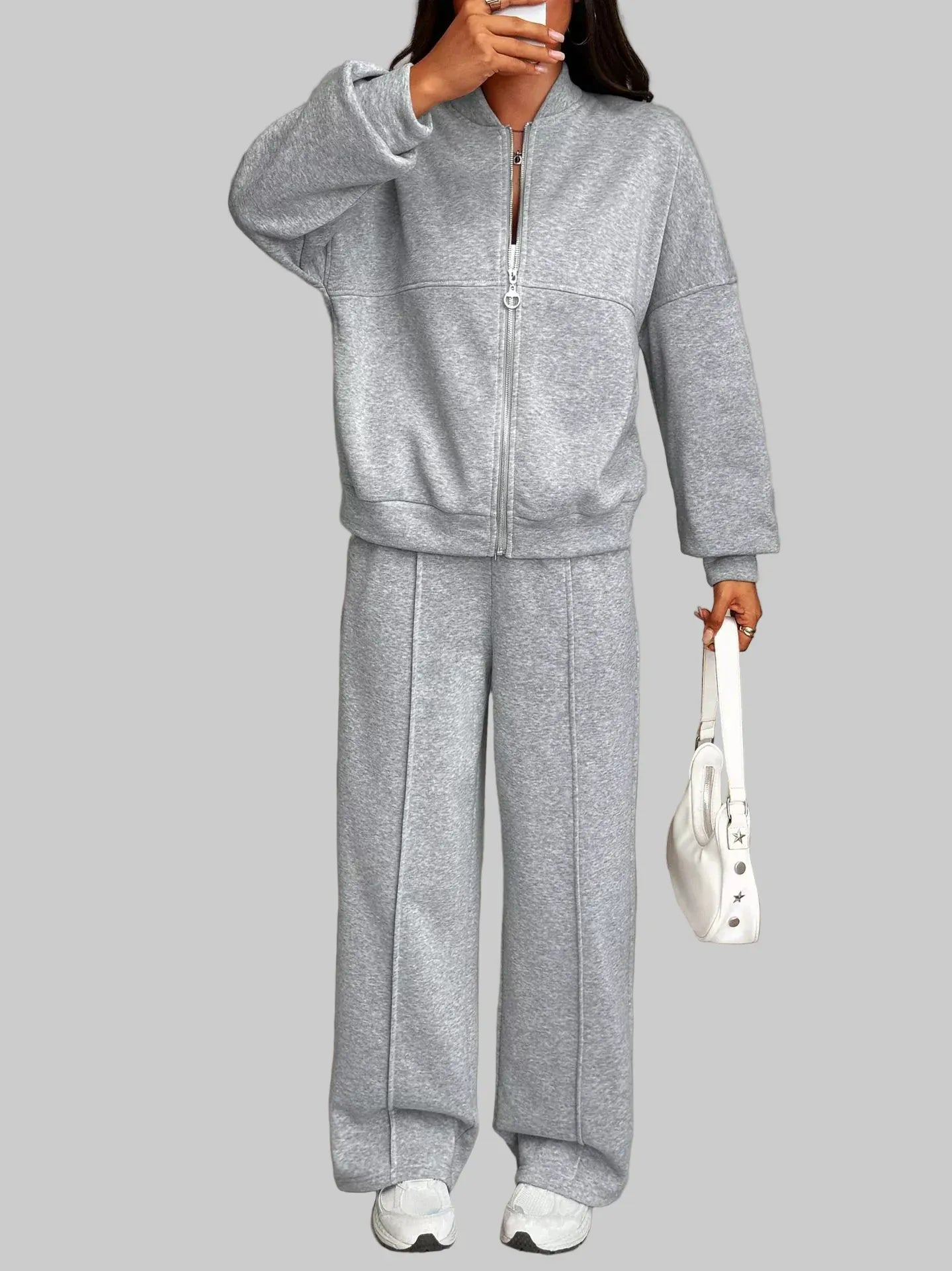 Casual Zipper Front Top and Wide Leg Pants Set Women's Sets Gray / S The Nichole Collection