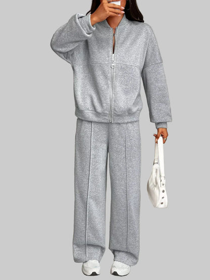 Casual Zipper Front Top and Wide Leg Pants Set Women's Sets Gray / S The Nichole Collection