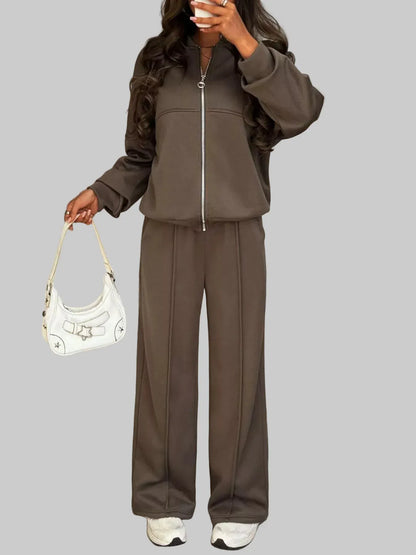 Casual Zipper Front Top and Wide Leg Pants Set Women's Sets The Nichole Collection