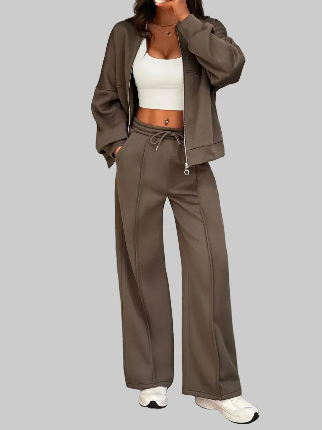 Casual Zipper Front Top and Wide Leg Pants Set Women's Sets The Nichole Collection