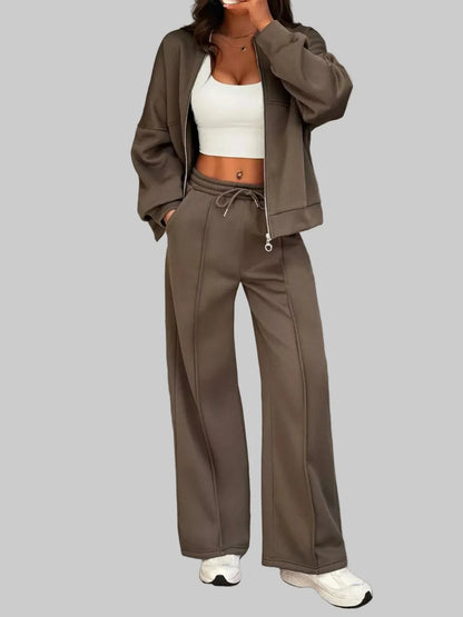 Casual Zipper Front Top and Wide Leg Pants Set Women's Sets The Nichole Collection